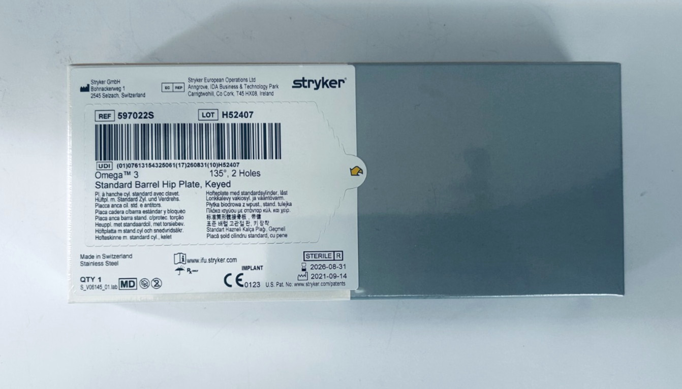 #NEW Stryker OMEGA 3 Standard Barrel Hip Plate, Keyed 135º, 2Holes (Exp.08/2026)
