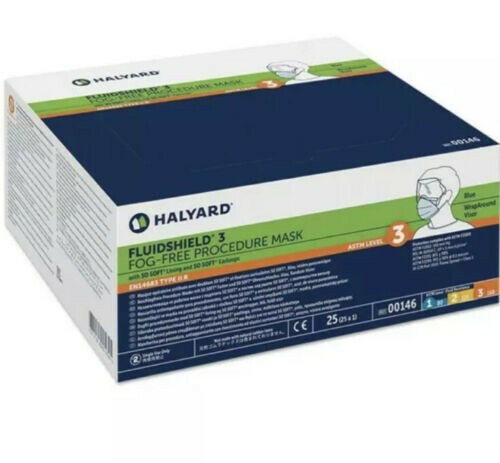 *25-Pieces* Halyard FluidShield ASTM Level 3 Fog-Free Procedure Face Mask 47147