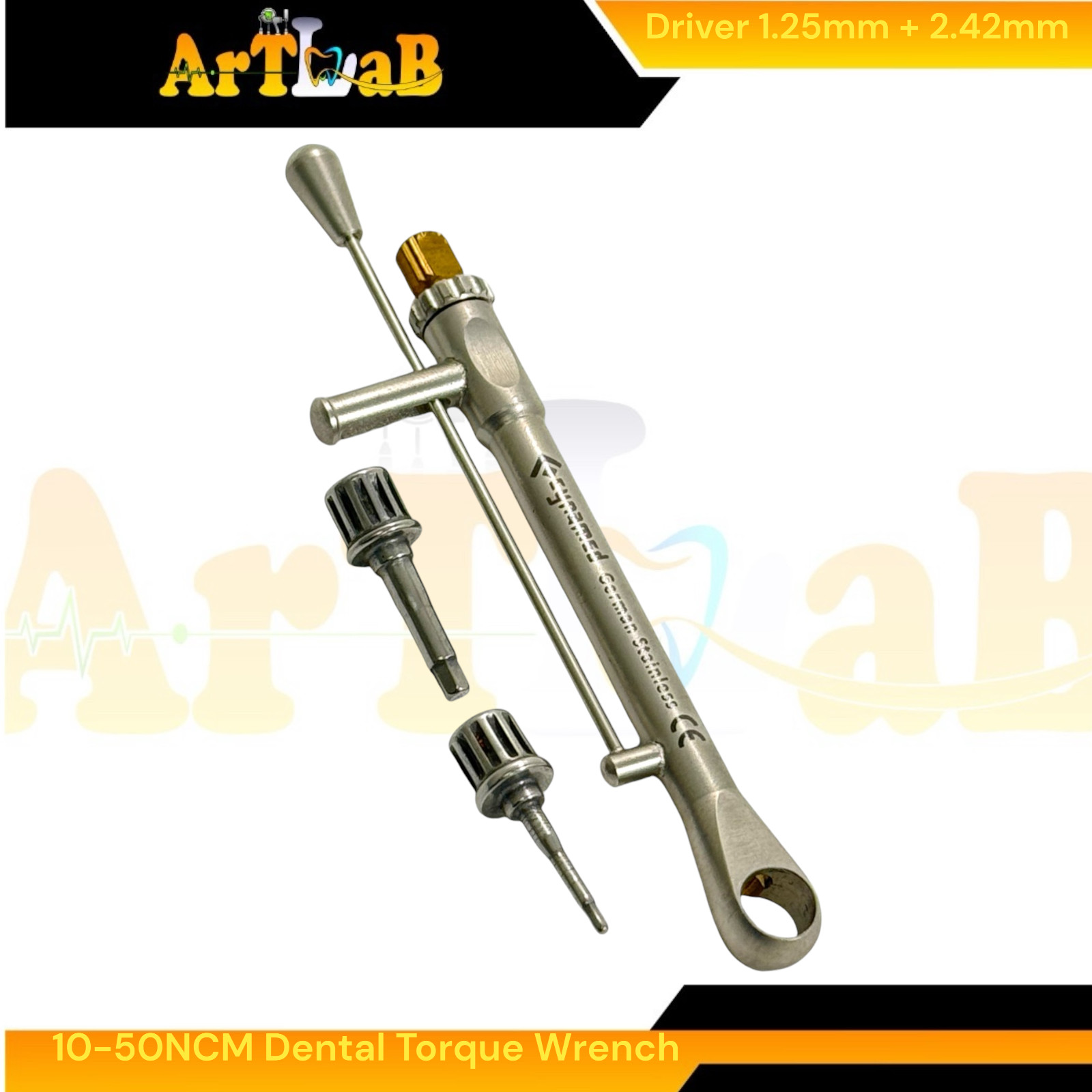 Dental Torque Wrench Ratchet 10-50ncm with 2 Bits 1.25mm & 2.42mm German Steel