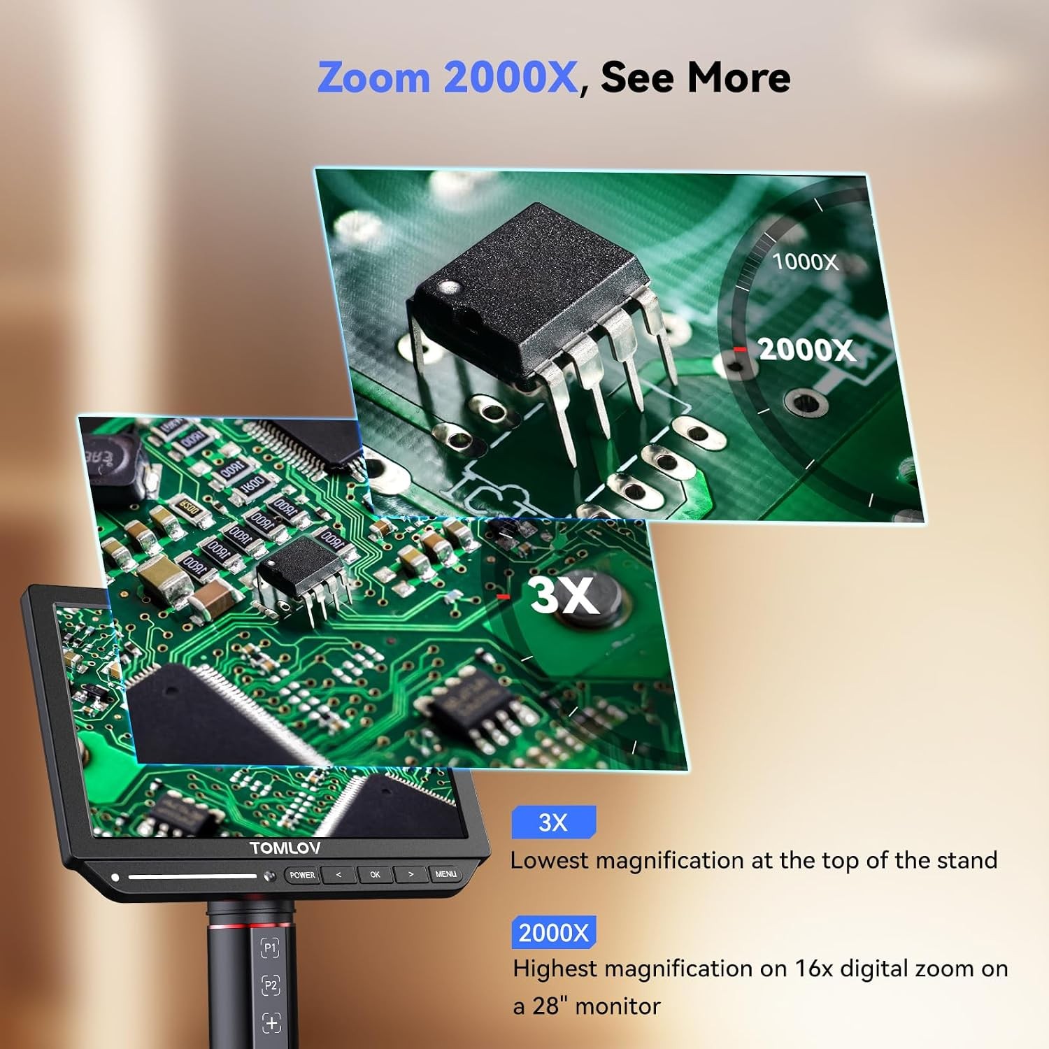 TOMLOV Full-view Coin microscope 2000x Autofocus 4K Digital Soldering Microscope
