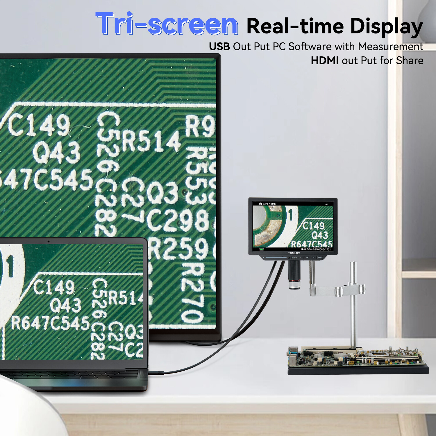 TOMLOV 4K Soldering Digital Coin Microscope 2000X 10.1” 52MP & Spin Arm Stand