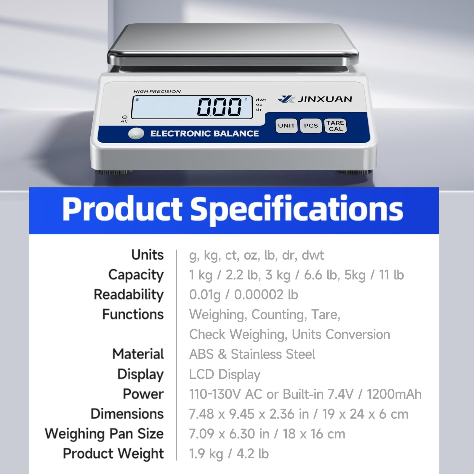 High Precision Digital Lab Scale 5000g, 0.01g Accuracy, LCD Display, 7 Units for