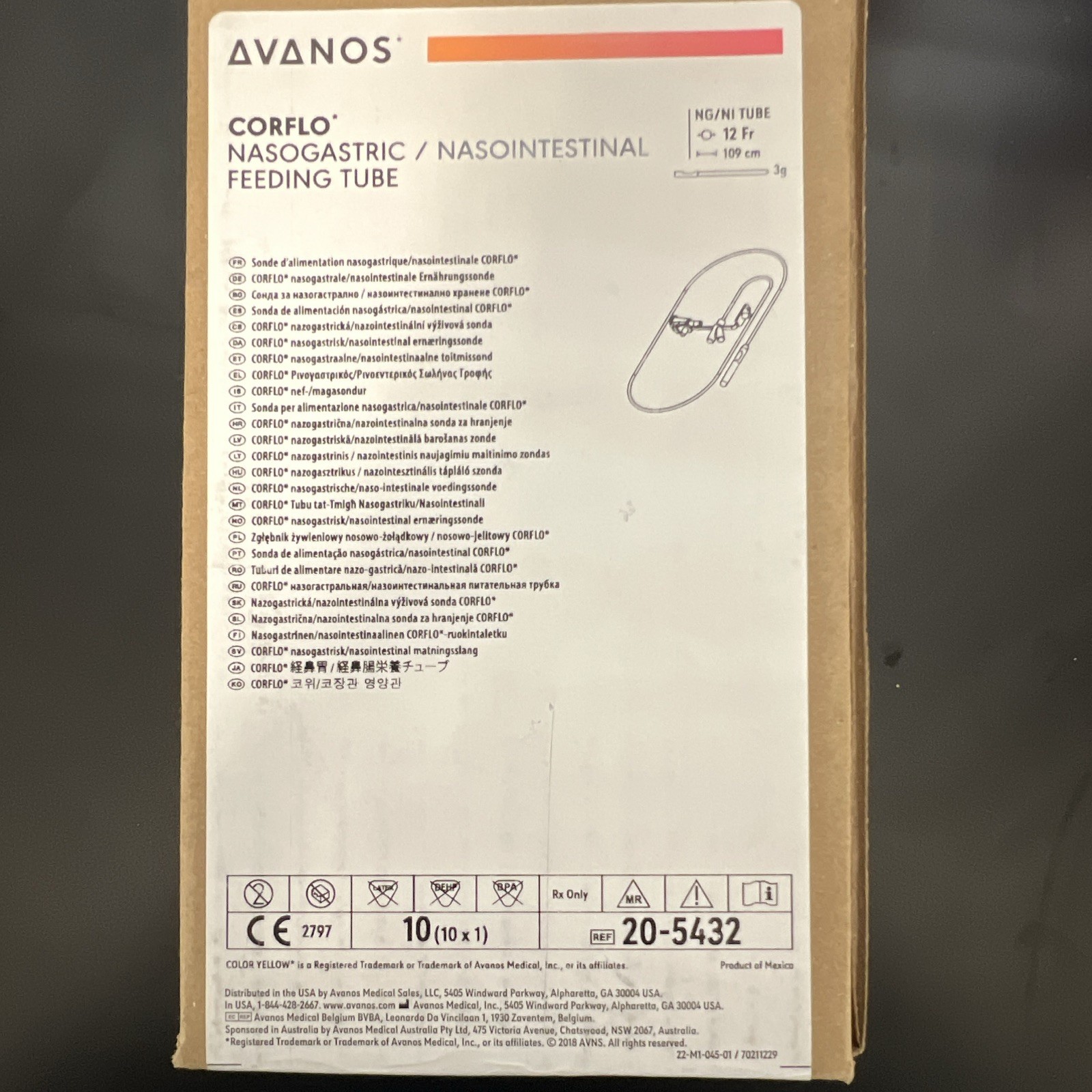 Avanos CORFLO NG/NI Feeding Tube 12 Fr 109 cm Medical Laboratory REF 20-5432