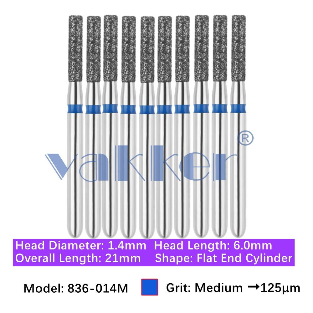 10/Pk Dental FG Diamond Burs Flat End Cylinder Shape 836-014M Medium High Speed