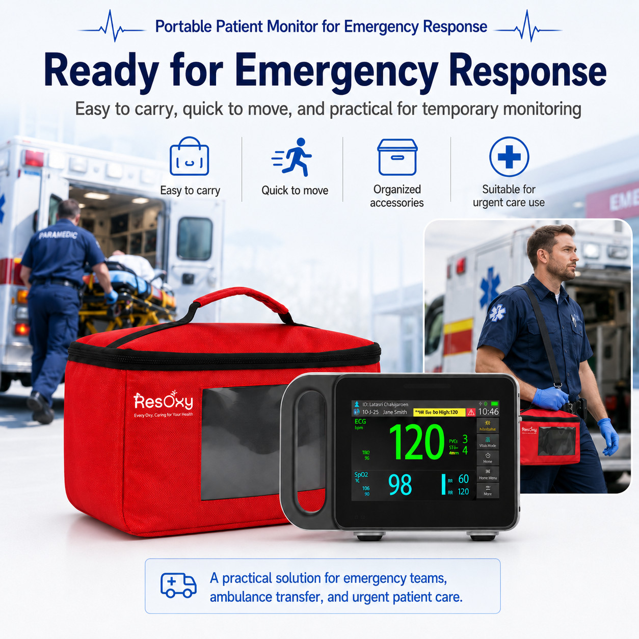 7″ Patient Monitor Vital Signs ECG NIBP SpO2 PR TEMP RESP Portable Carry Bag