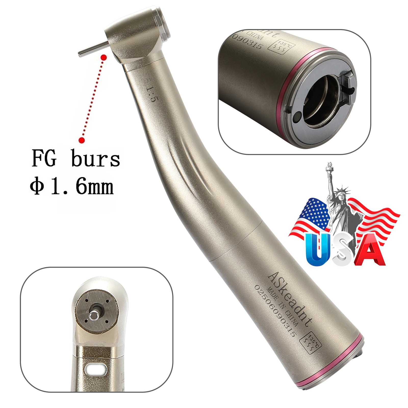 ELECTRIC ATTACHMENT 1:5 Dental Handpiece Fiber Optic 4 Sprays Red Ring