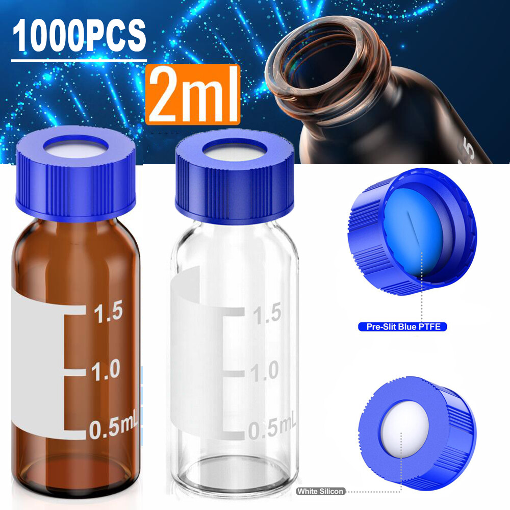 100Pcs 2ml Sampler Vials+9-425 Amber/Clear Vial w/Blue Screw Caps Writing Patch
