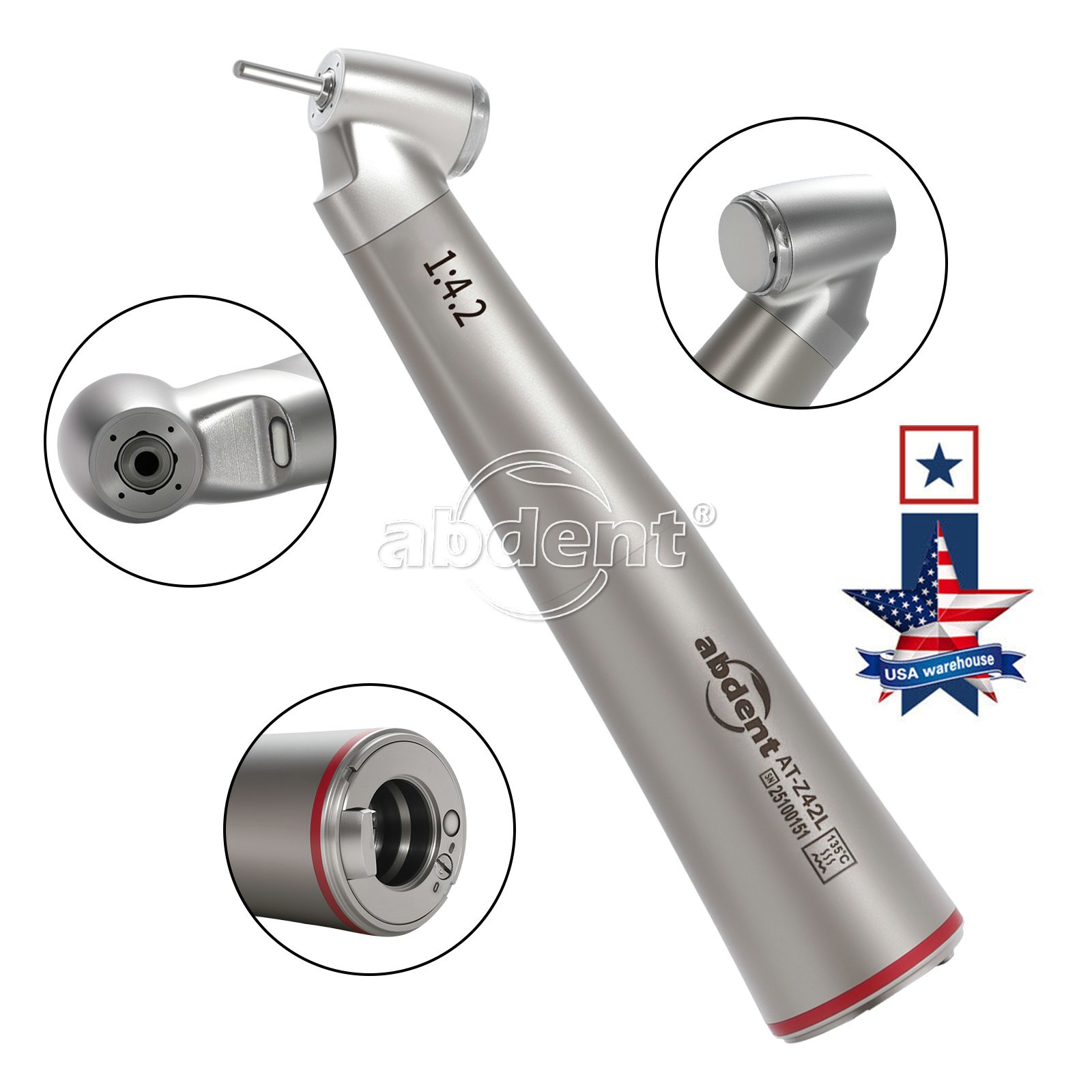 abdent 45° Electric Contra Angle LED Optic 1:4.2 Handpiece Quattro Spray