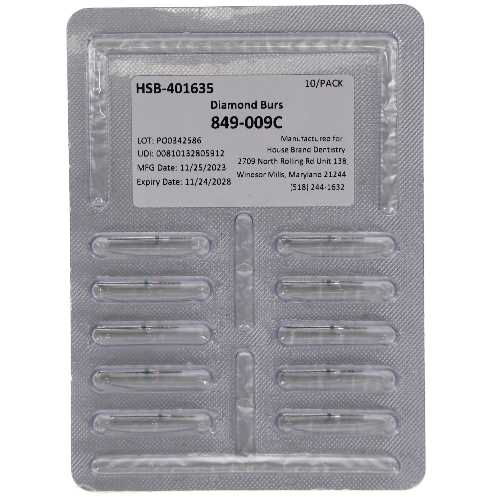 House Brand Dentistry 401635 FG 849-009C Round Taper Coarse Diamond Burs 10/Pk