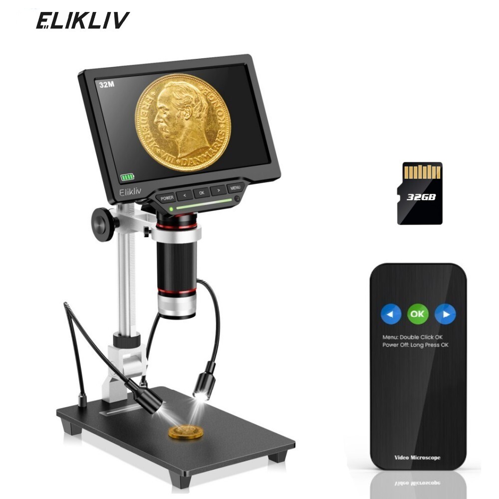 Elikliv 7” Digital Microscope 10-1300X 16MP 1080P USB Coin Magnifier with Light
