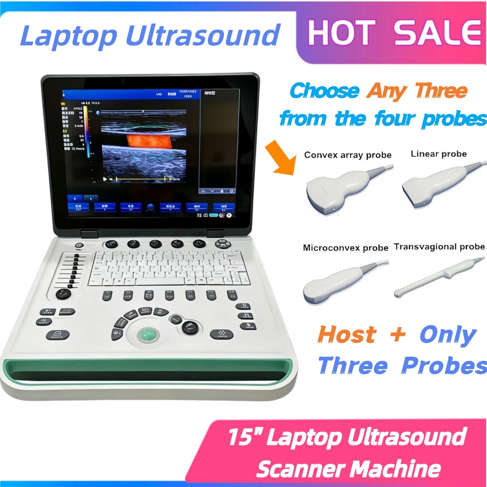 New 15 inch portable Laptop ultrasound Color Doppler machine with three probes