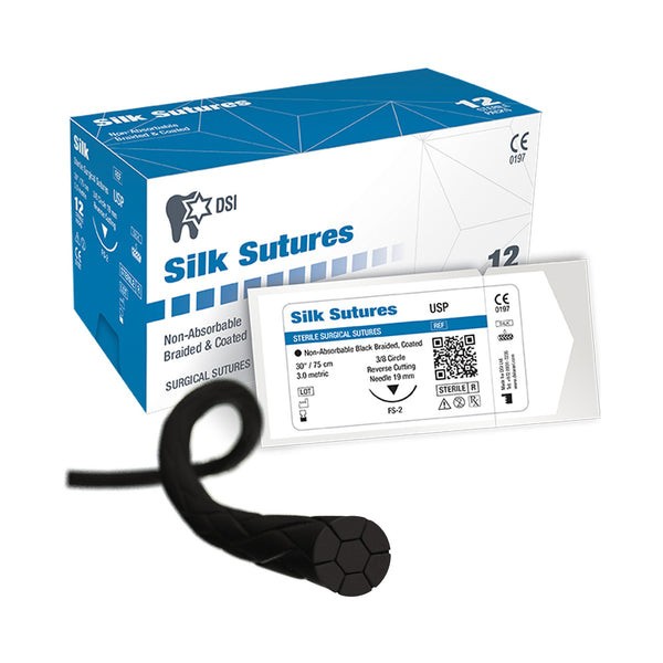 Silk Non-Absorbable Sutures, 1/2″ Reverse Cutting, CP-2, 3/0, 12/Box, 18″
