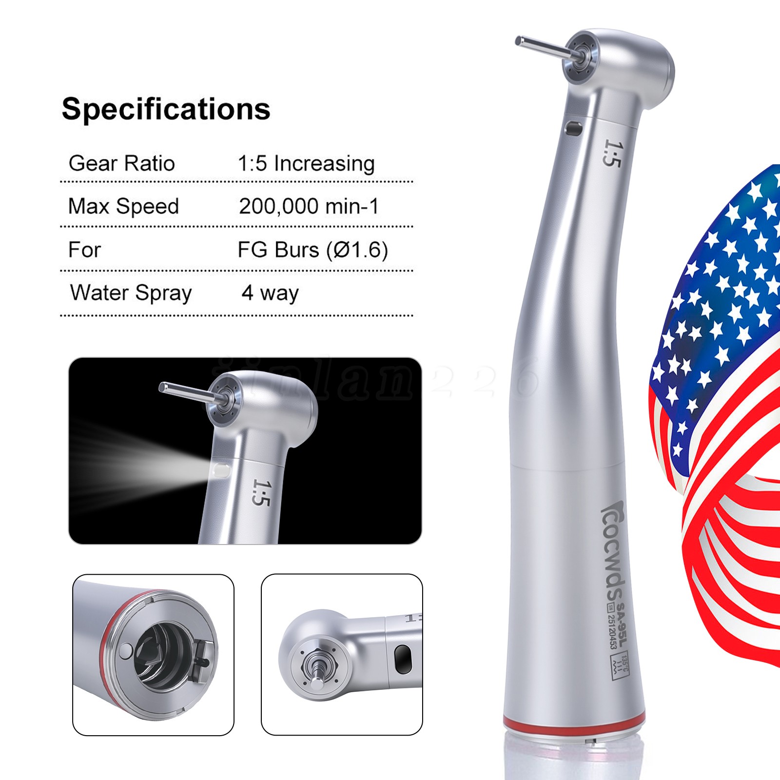 Dental LED 1:5 Contra Angle Angulo Inner Spray Contrangulo Turbina Handpiece
