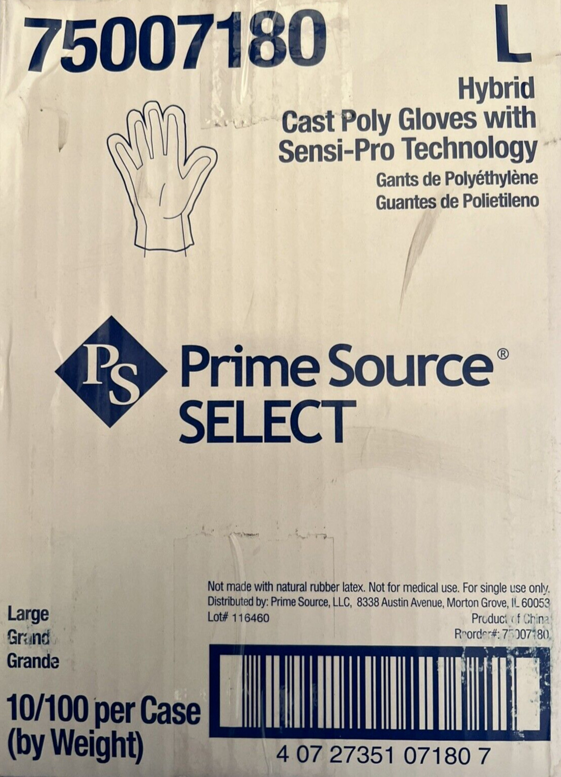 Prime Source 75007180 Hybrid Poly Disposable Gloves L Size 10 Pack = 1,000 Lot