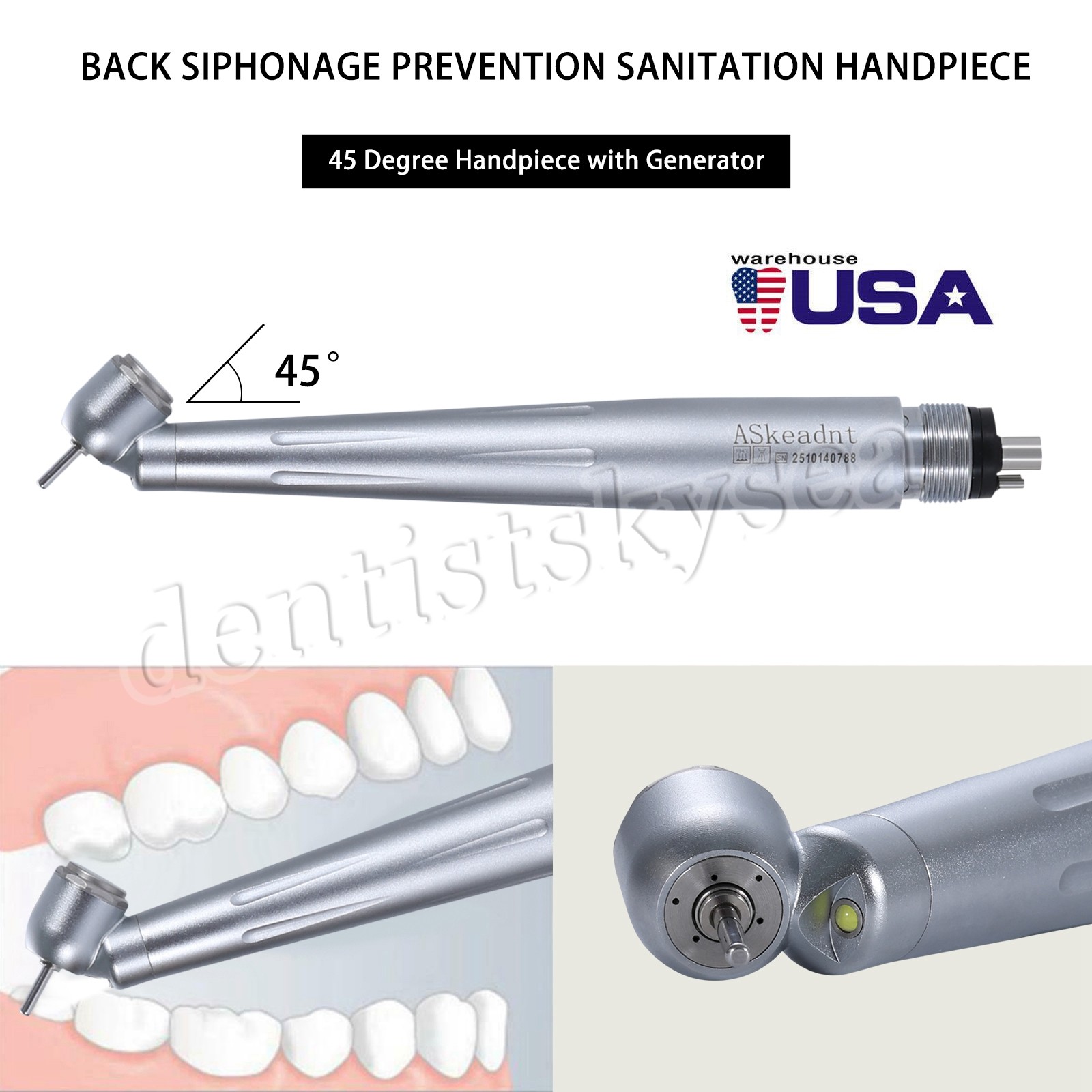 Pieza de mano quirúrgica dental de fibra con LED y generador E de 45 grados 4H