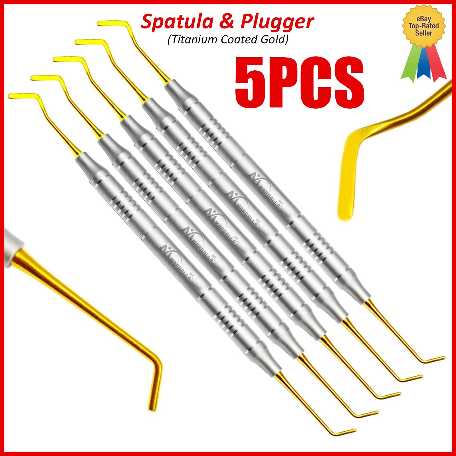 Dental Composite Filling Instruments Spatula & Plugger Titanium Gold Tips 5Pcs