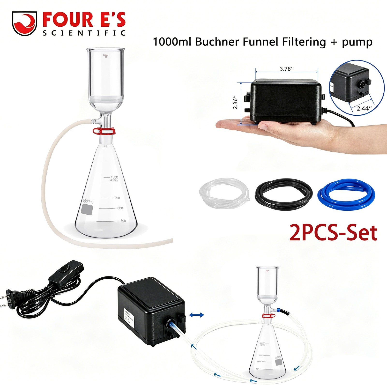Lab Vacuum Pump+1000ML Lab Filtering Funnels Vacuum Filtration Kit+250ml Funnel
