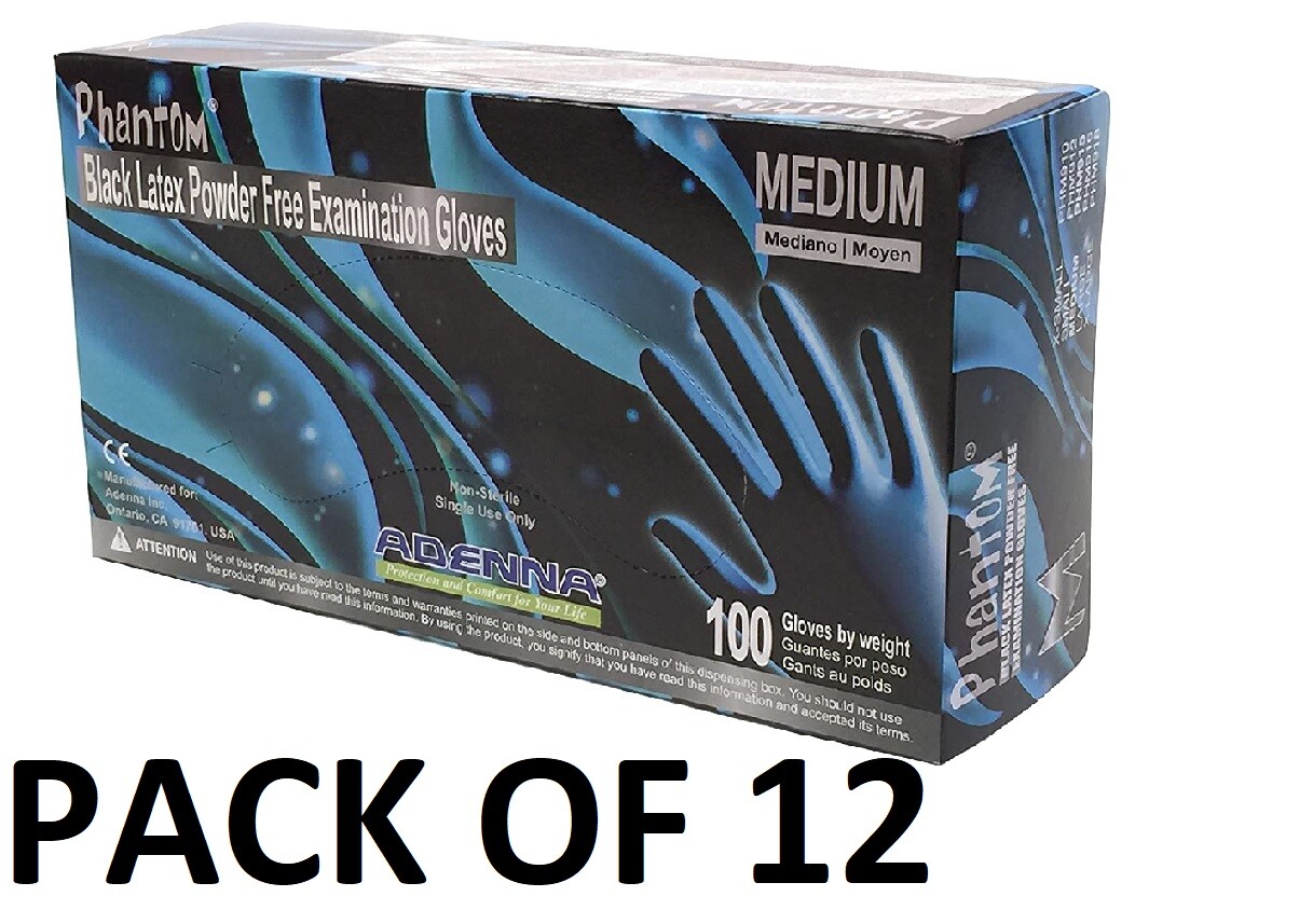 Adenna Phantom 6 mil Latex Powder Free Exam Gloves (Medium) Box of 100 – 12 Pack