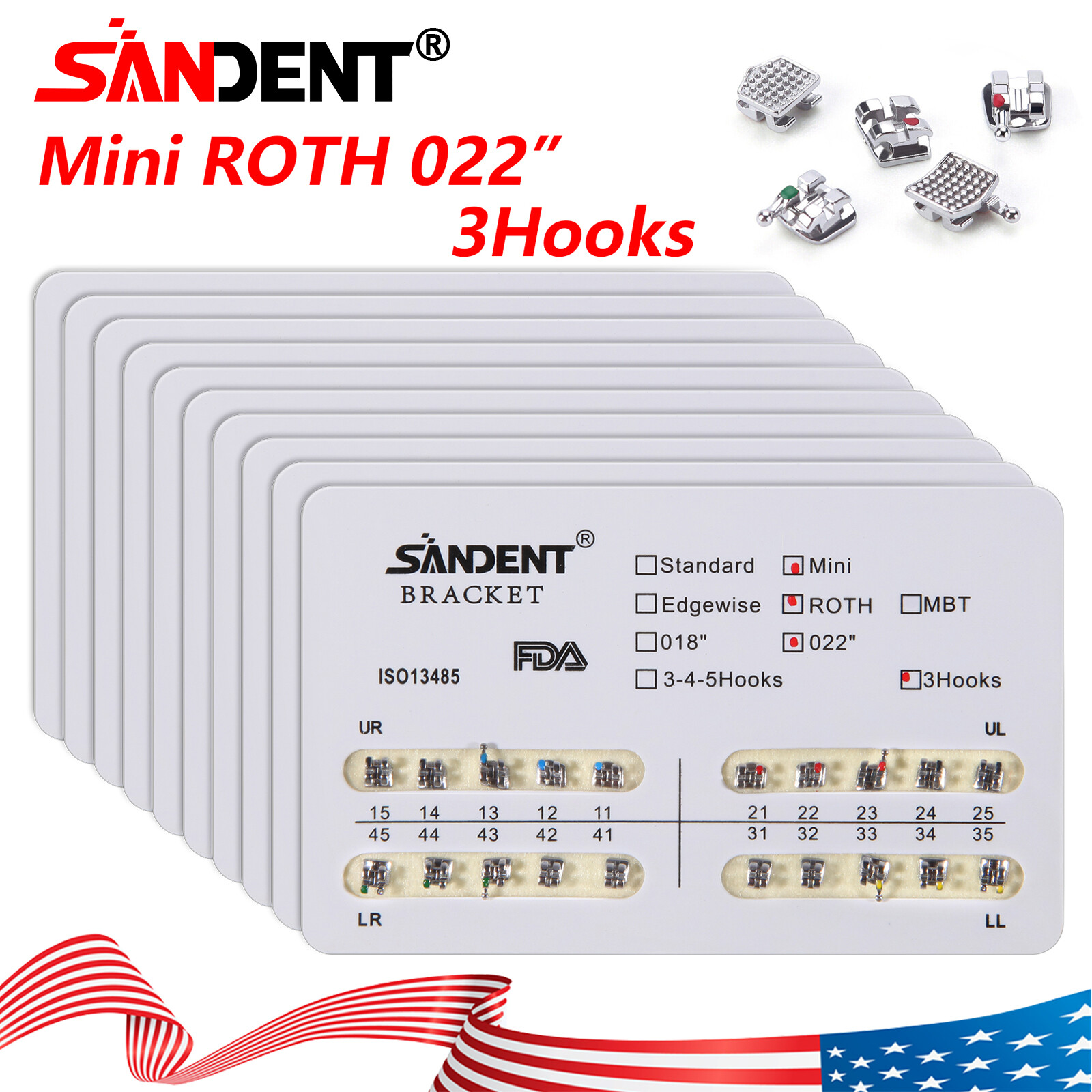 10-200Pack Orthodontic Dental Brackets Braces Mini Roth.022 Slot Hooks 3 #3