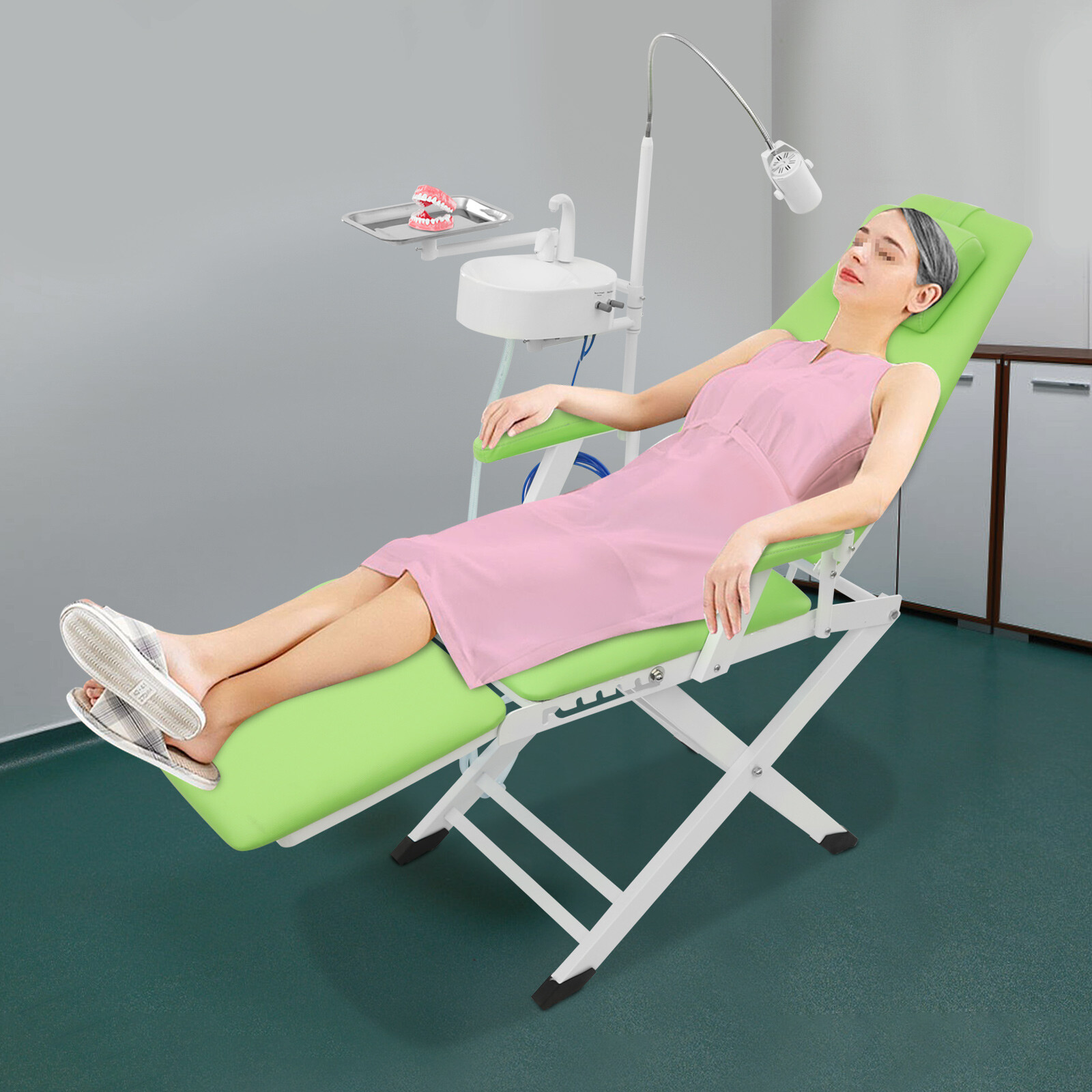 Portable Dental Chair Mobile Folding Chair+Rechargeable LED Light+Tray Green USA