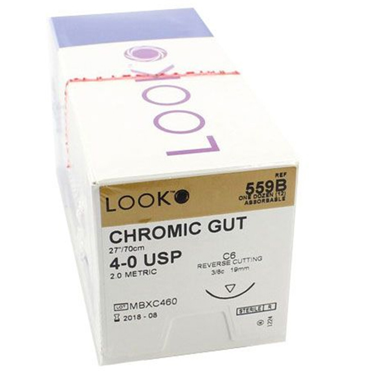Look X559B Chromic Gut Sutures Reverse Cutting 4-0 27″ C6 3/8 Circle 19mm 12/Pk