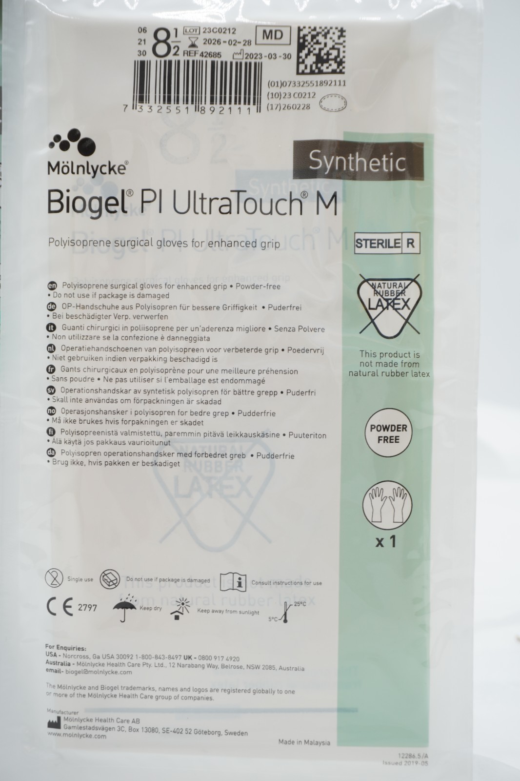 Molnlycke 42685 Biogel PI Ultratouch M Gloves Box/50 Size 8 1/2 Exp 02/2026