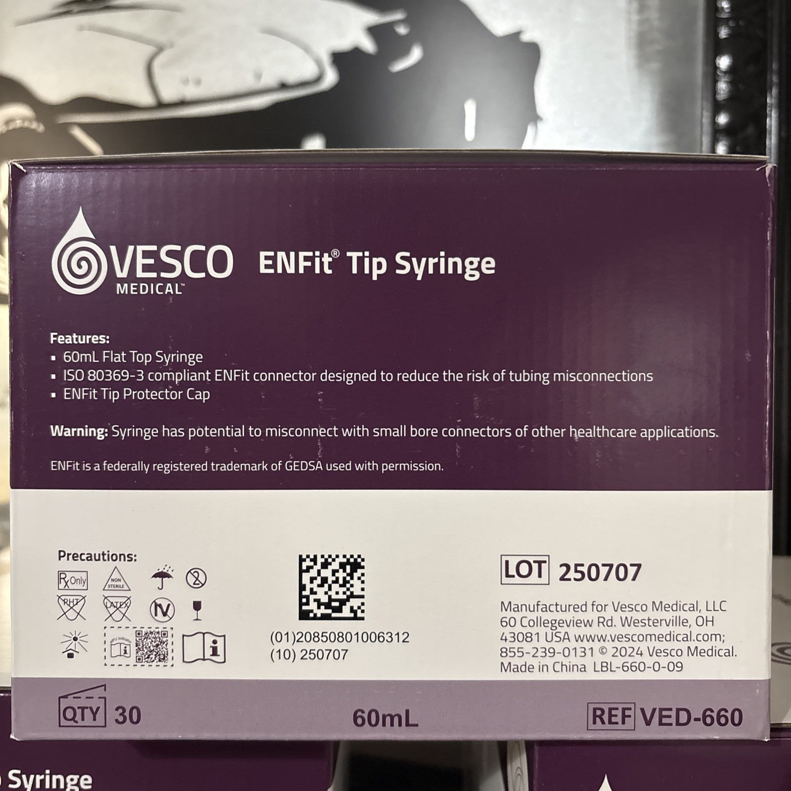 VESCO 60mL ENFit PEG TUBE SYRINGE Enternal Feeding/ Irrigation NEW QTY 23 VED660