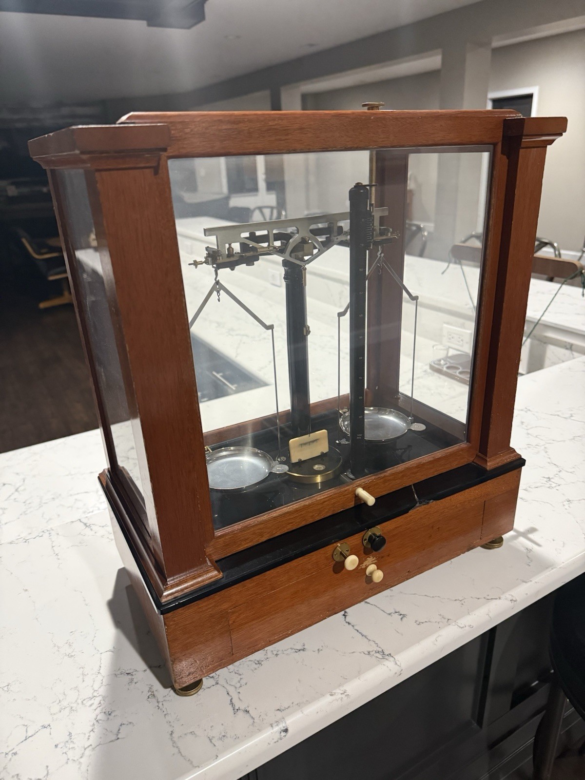 Christian Becker Chainomatic Analytical Balance w/ Wood & Glass Case, Weights