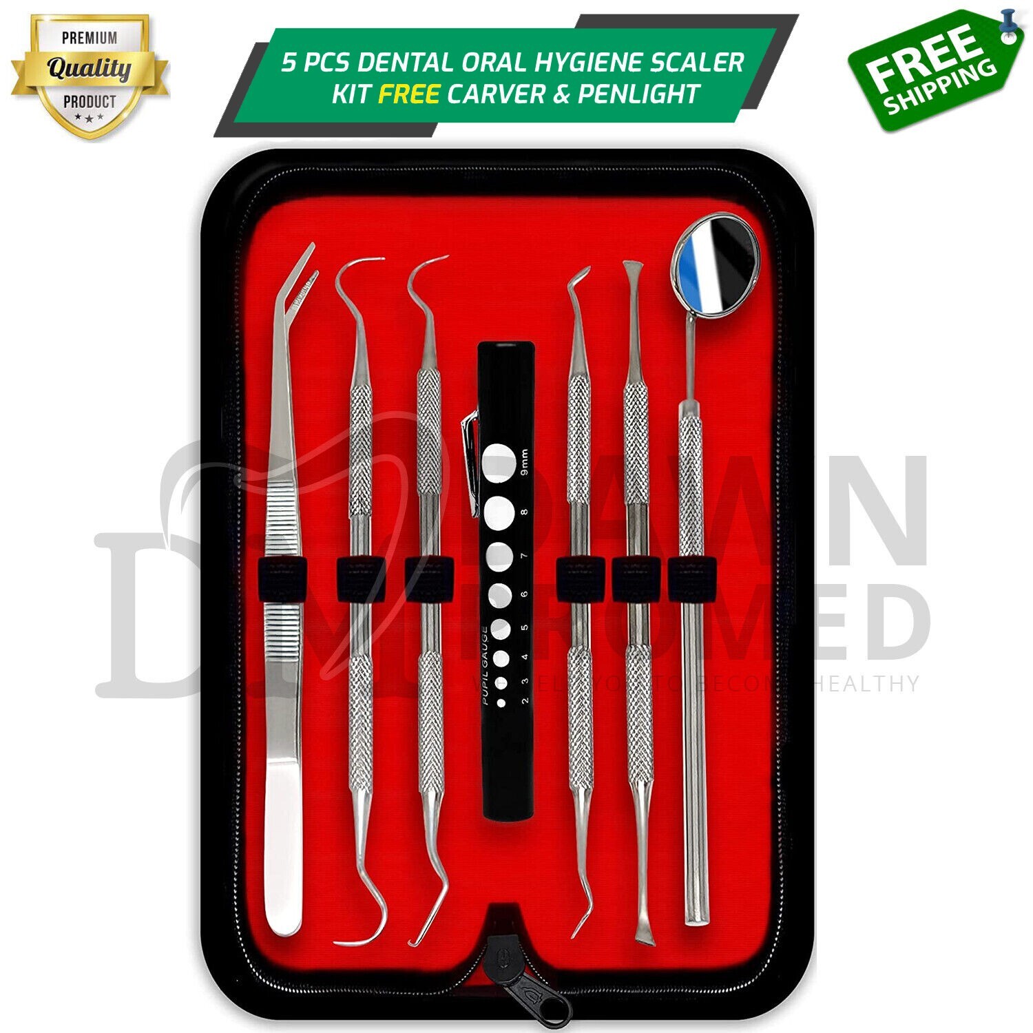 5 Pcs Dental Oral Hygiene Scaler Kit Tools Deep Cleaning Teeth Care W/Pen Light