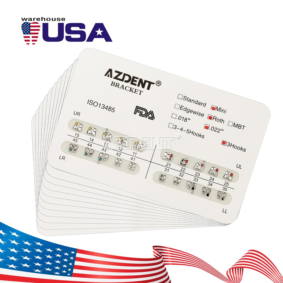 10 Packs AZDENT Dental Orthodontic Metal Brackets Braces Mini Roth.022 Hooks 3