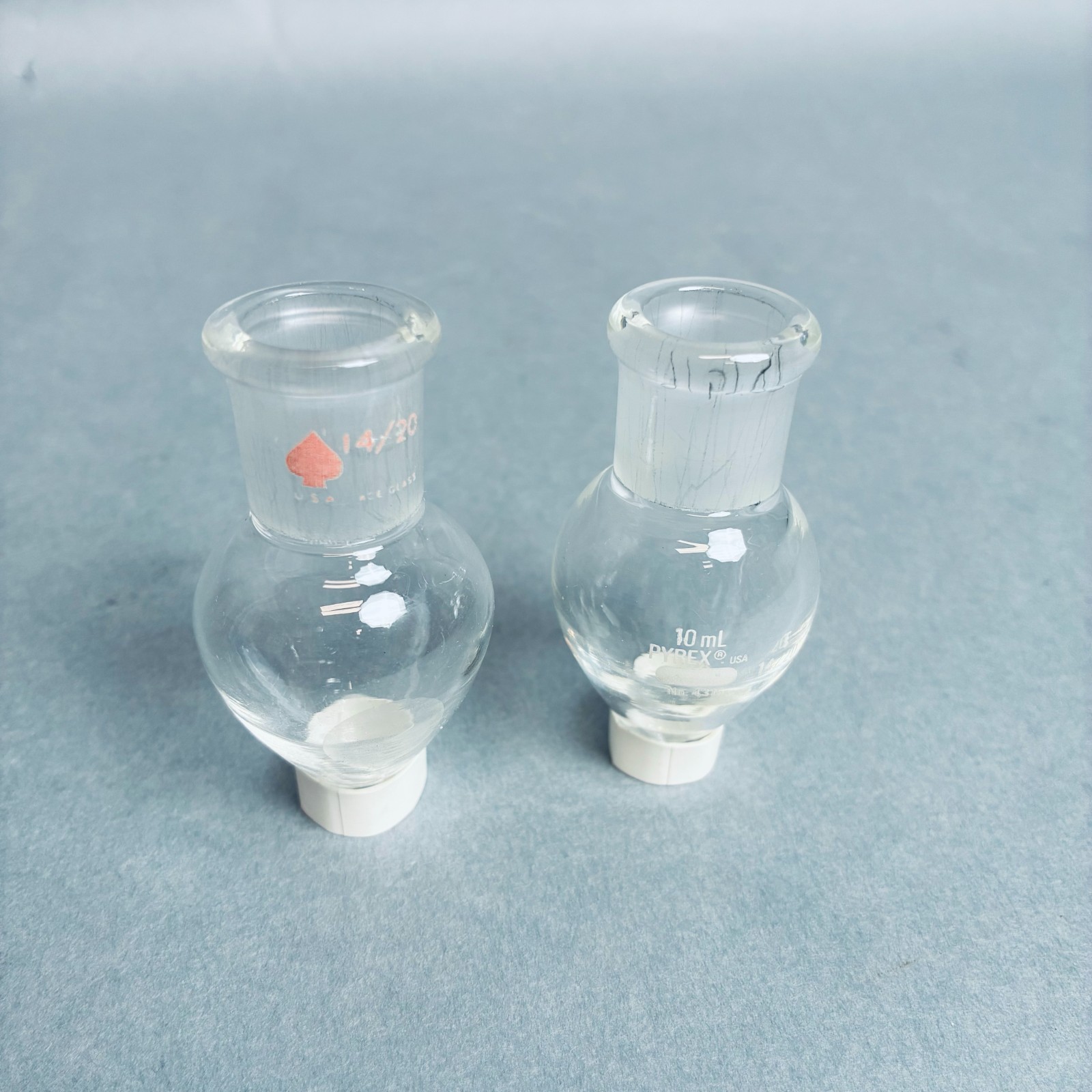 Assorted Pyrex Ace Kimax Pear Shaped Flasks 10 ml 14/20 Joint – 10 Flasks Total