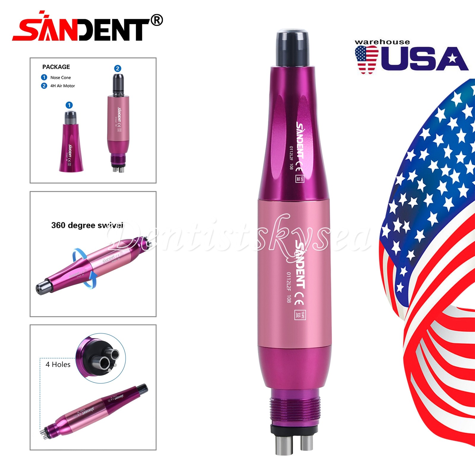 360°Swivel Hygiene Prophy Handpiece Air Motor 4Hole 4:1 Nose Cone 4000rpm USA