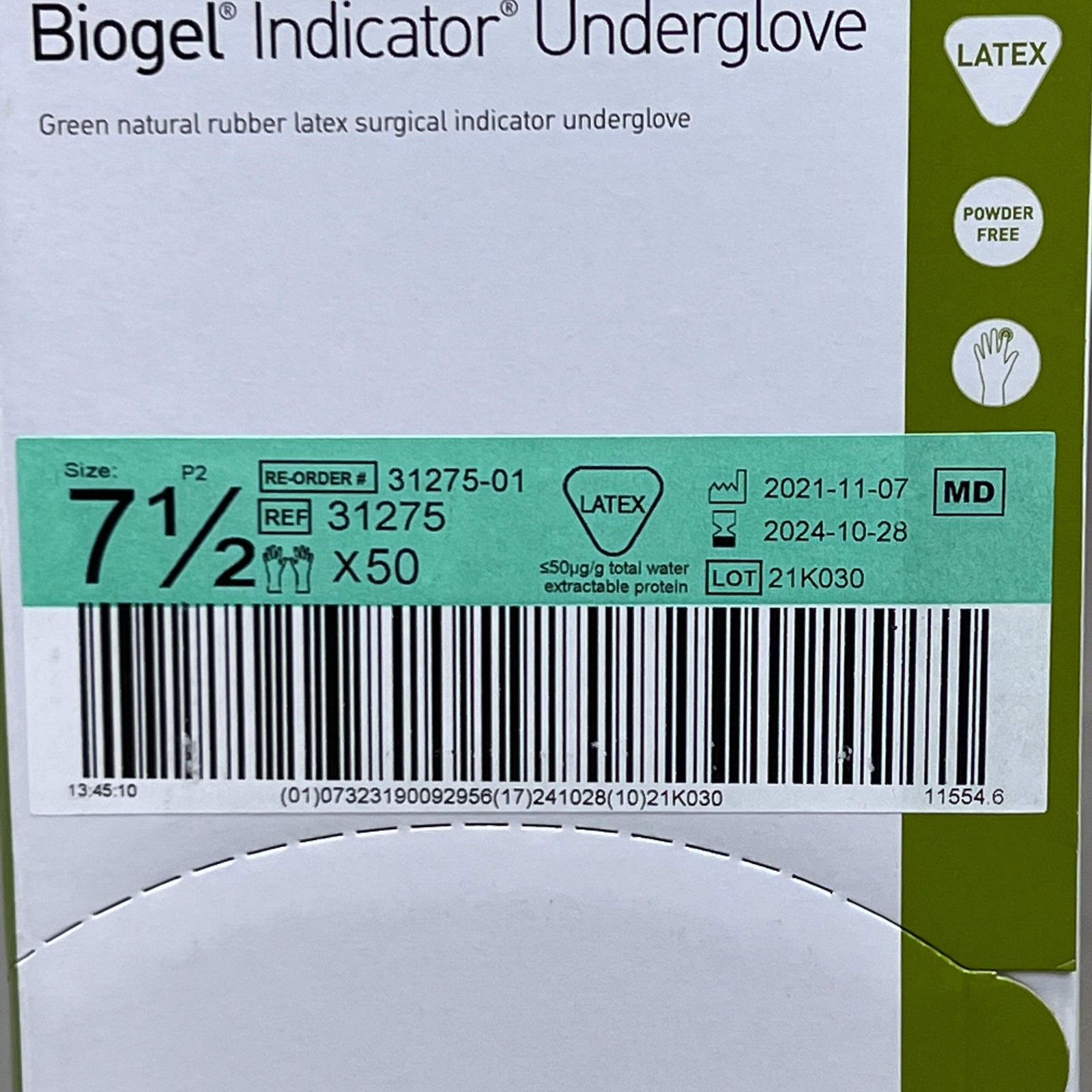 MOLNLYCKE Biogel Latex Surgical Indicator Underglove SZ 7.5 Green 50 Pairs 31275