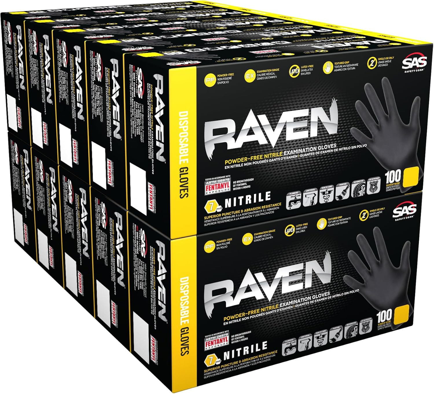 SAS Safety 66519 Nitrile Raven Powder-Free Disposable Glove, X-Large Case of 100