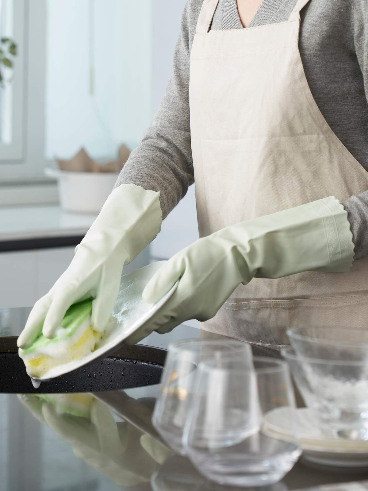 LANON 3~Pair Reusable Dishwashing Gloves, Cotton Lined, Non~Slip, Large