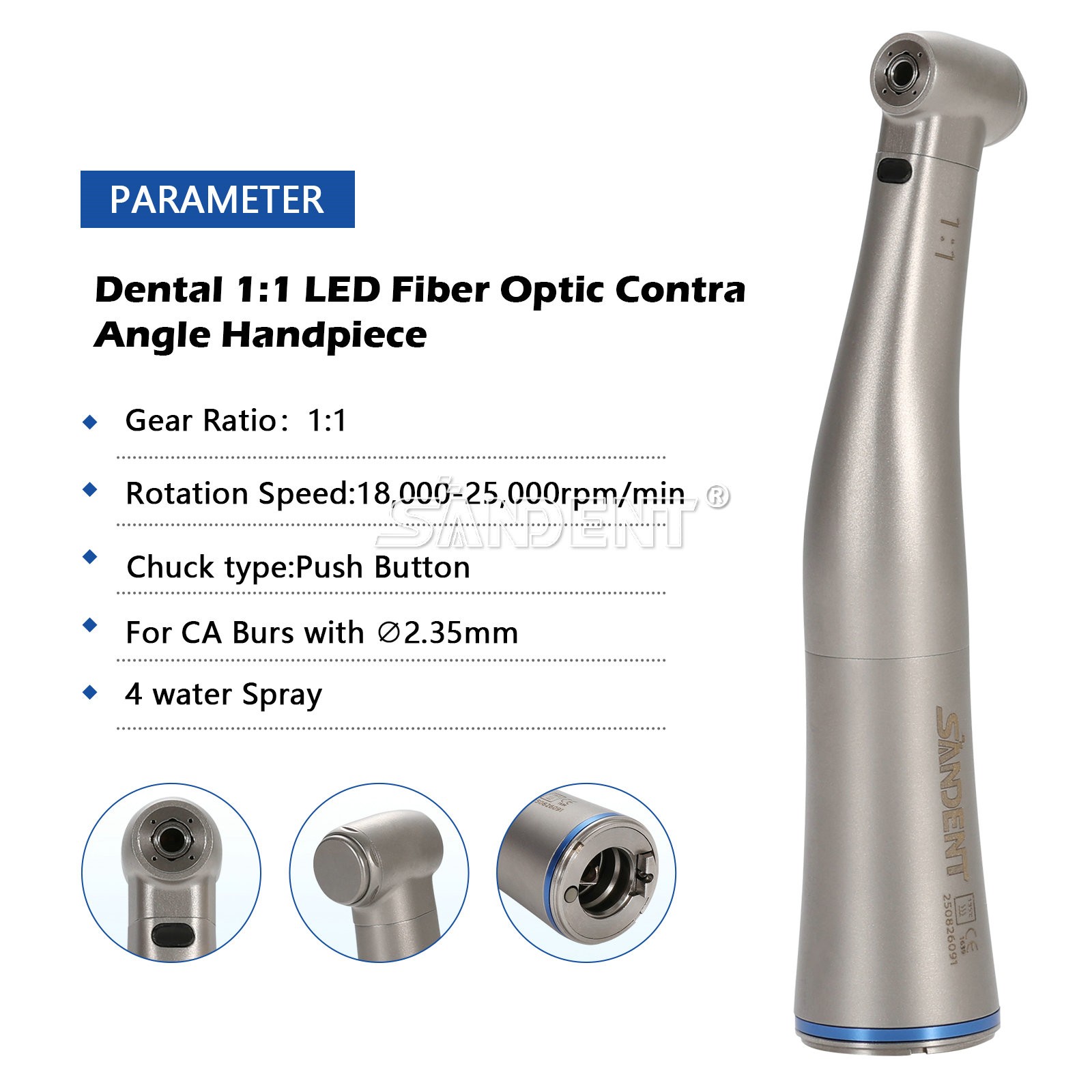 Dental 1:1 Fiber Optic LED Contra Angle Handpiece 4 Spray Push Button fit NSK fo
