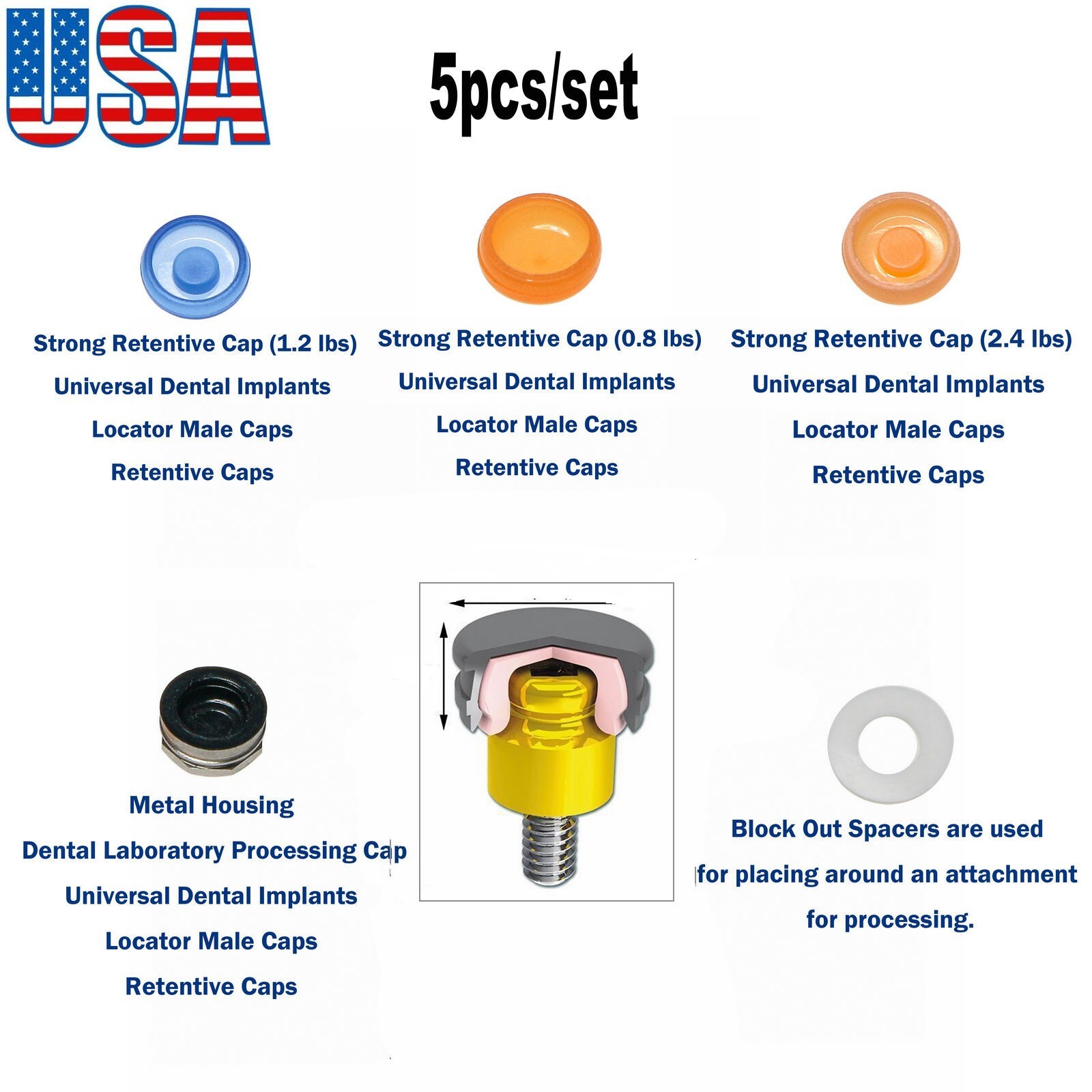US Universal Dental Overdenture Retention Caps Metal Housing Kits for Implant