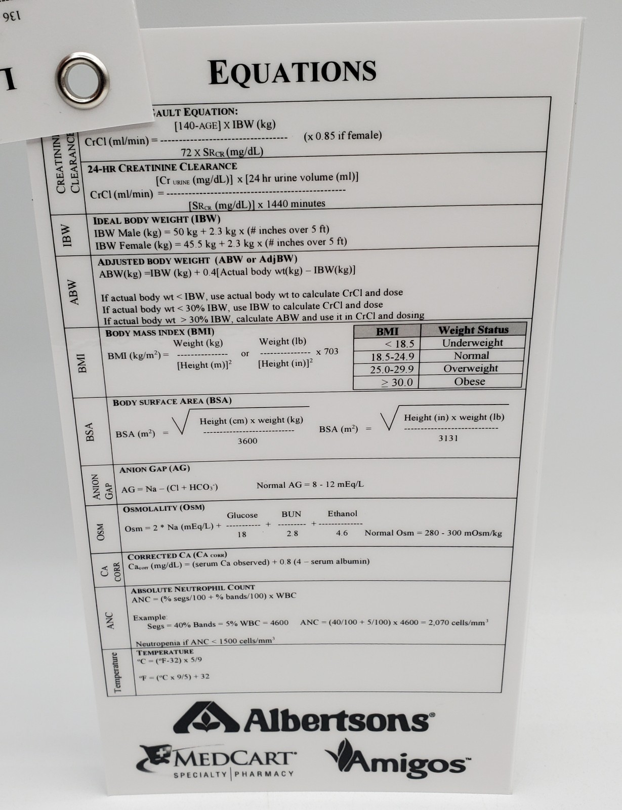 Pocket Lab Values Drug Guide Reference Cards 7x4in Laminated Badge Albertsons