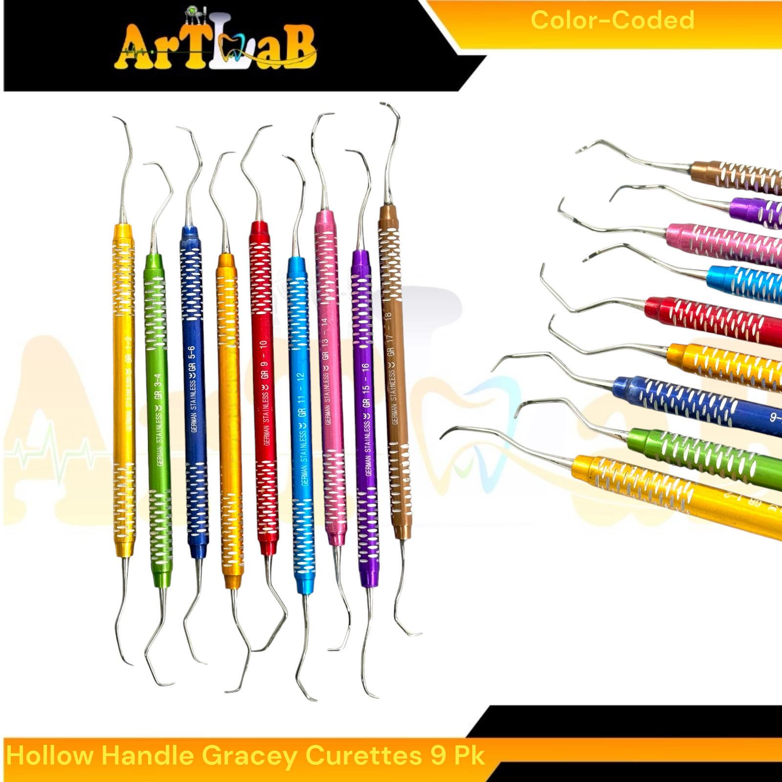 Color-Coded Hollow Handle Periodontal Gracey Curettes, Lightweight – 9 Pack