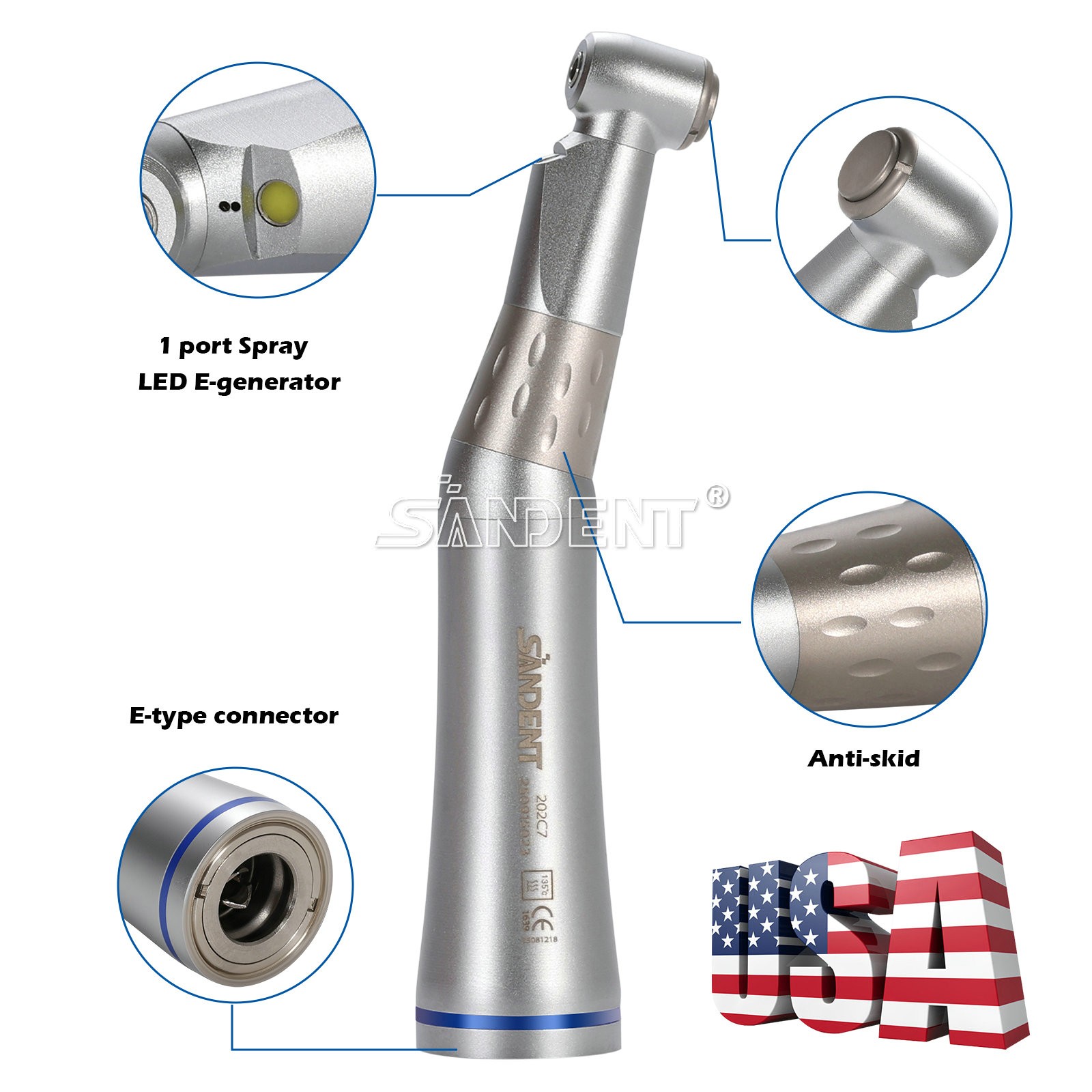 SANDENT 1:1 LED E-generator Fiber Optic Handpiece Contra Angle Inner Channel USA
