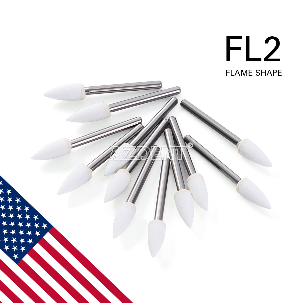 AZDENT Dental White Stone Polishing Burs Flame Mounted FG Abrasion Point Burs