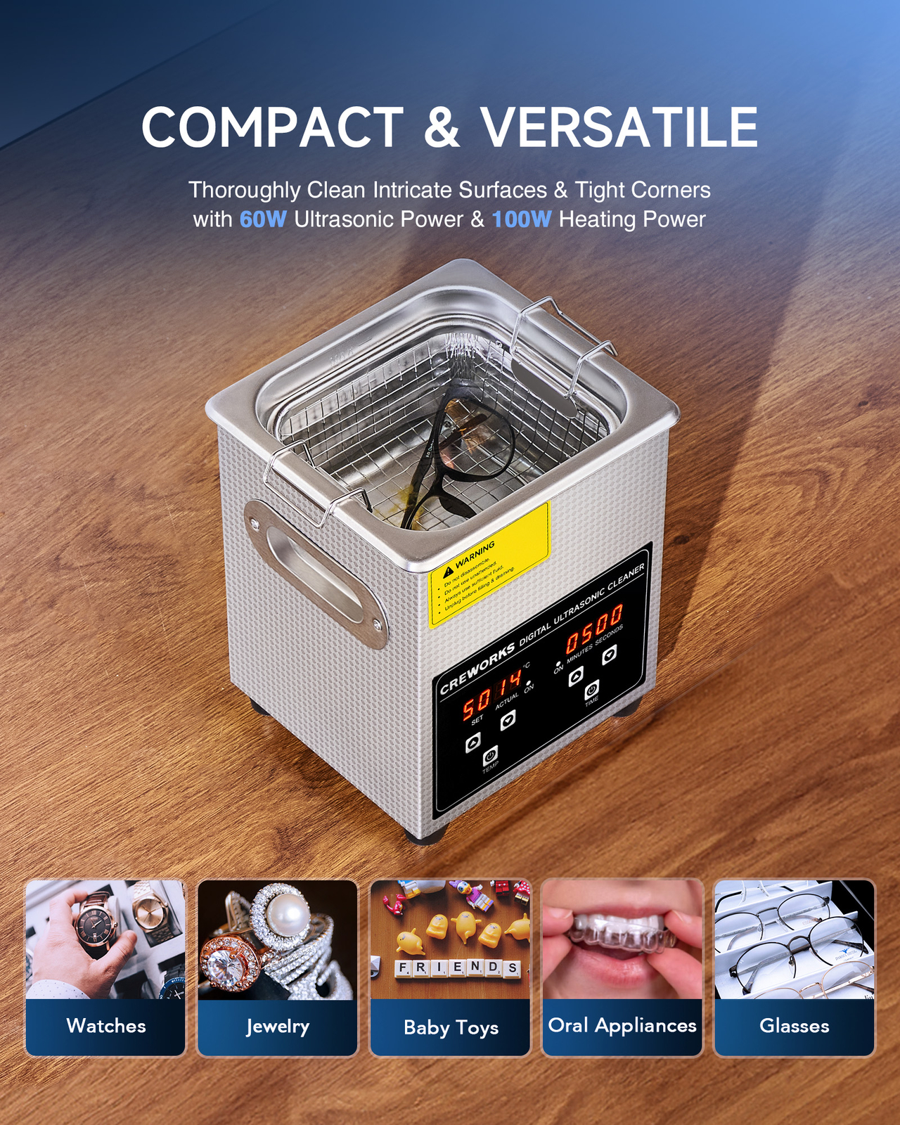 CREWORKS Ultrasonic Cleaner Stainless Steel 2L Industry Heated Heater W/ Timer