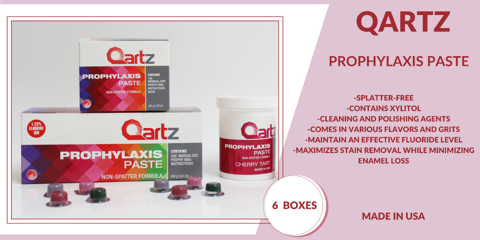 QARTZ PROPHY PASTE CUPS BUBBLE GUM MEDIUM 200/BOX DENTAL W/FLOURIDE – 6 BOXES