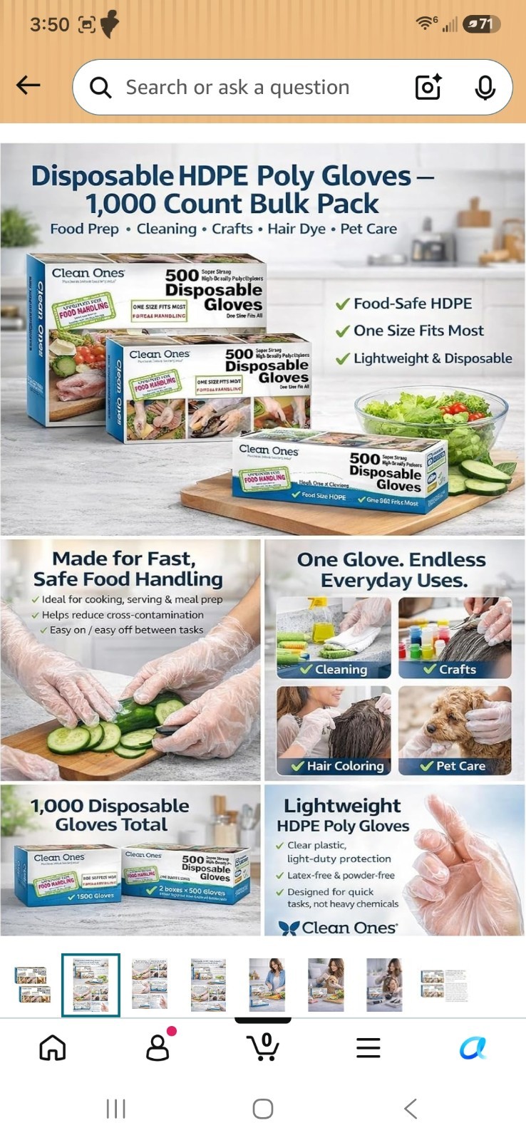 Clean Ones Disposable Food-Safe Poly Gloves, One Size, 2 Boxes 500 Count:1000