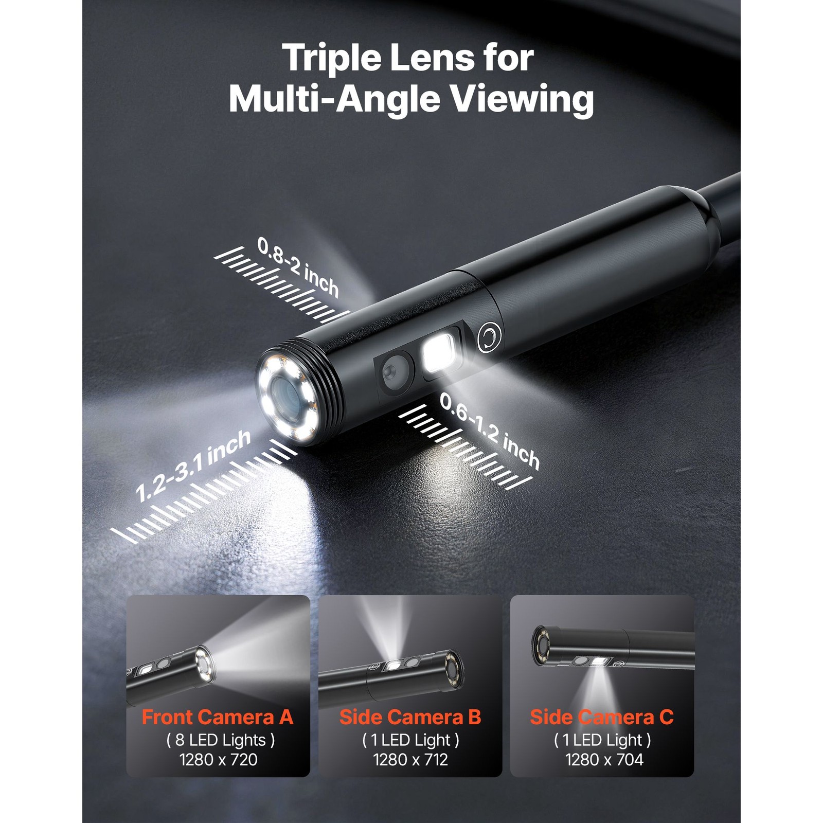 Borescope with 3 Lenses: 4.5″ IPS Screen, 8X Zoom, IP67, 16.4ft Rigid Cable