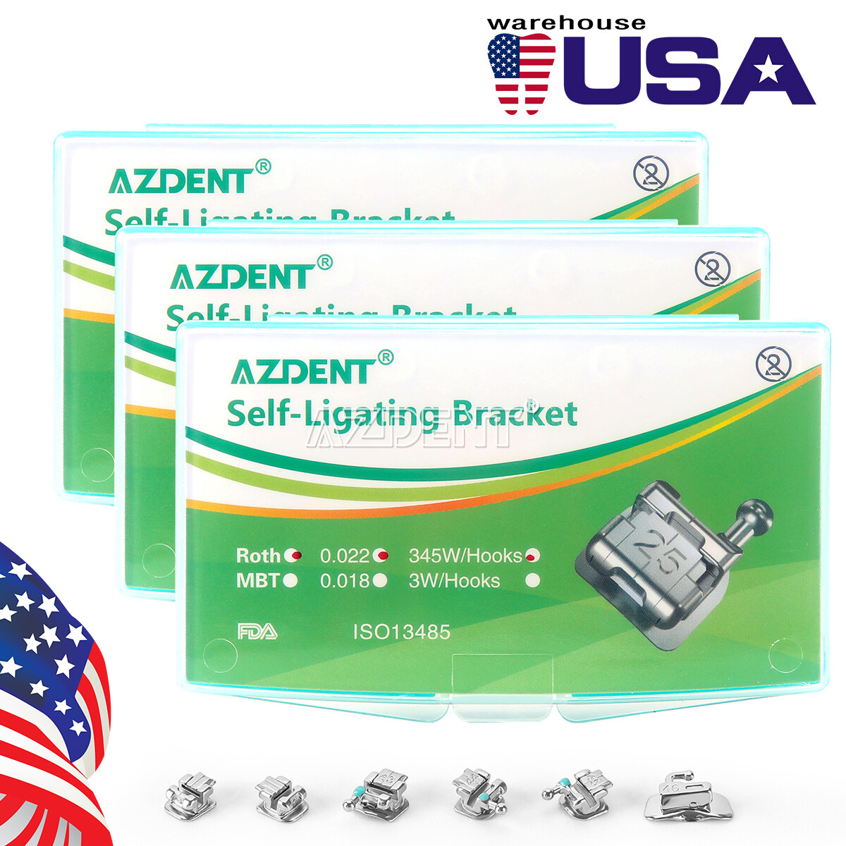 AZDENT Dental Orthodontic Self-Ligating Brackets Braces Mini Roth.022 Hooks 345