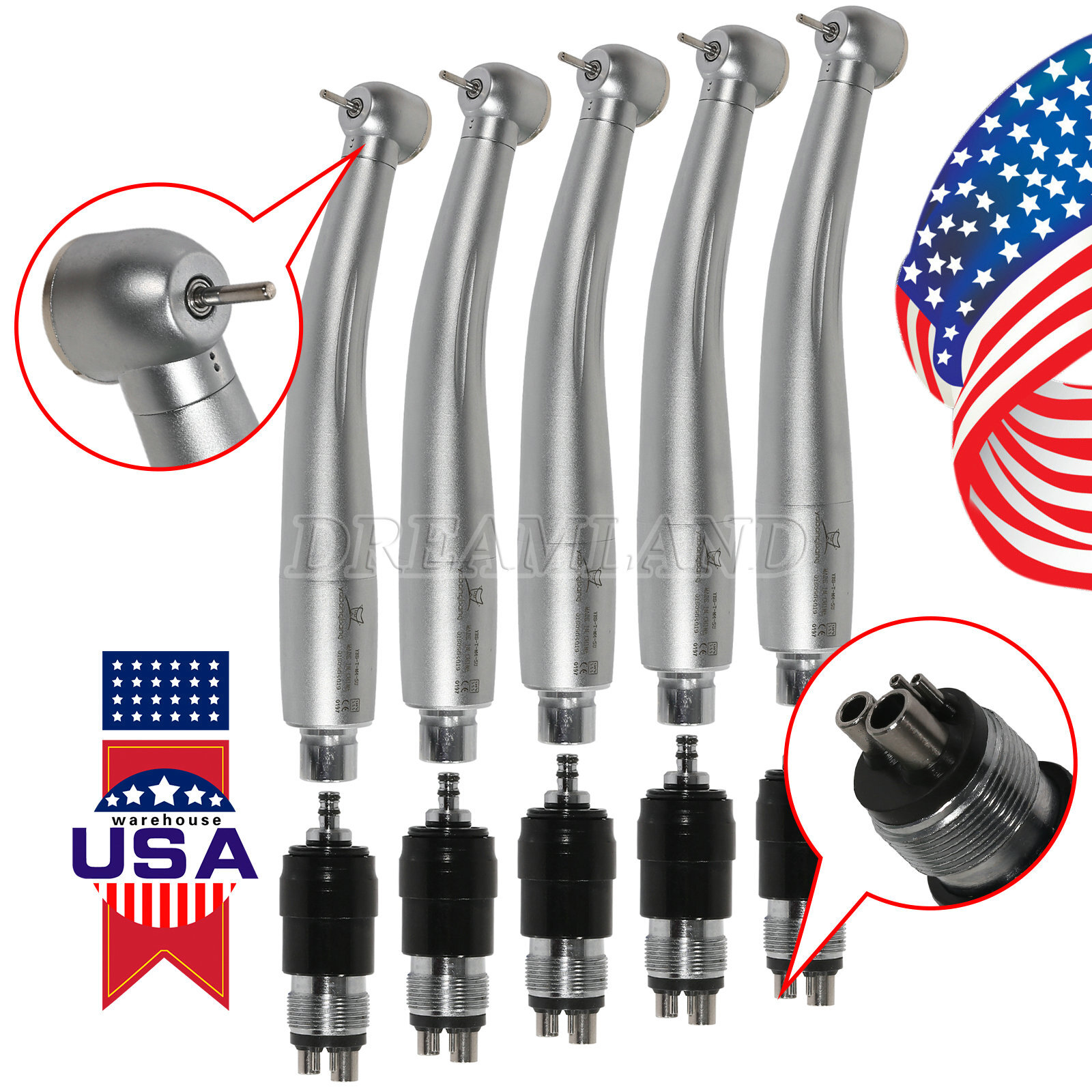 5 Dental High Speed Handpiece Quick Swivel Push Button Fit NSK Steel Bearings