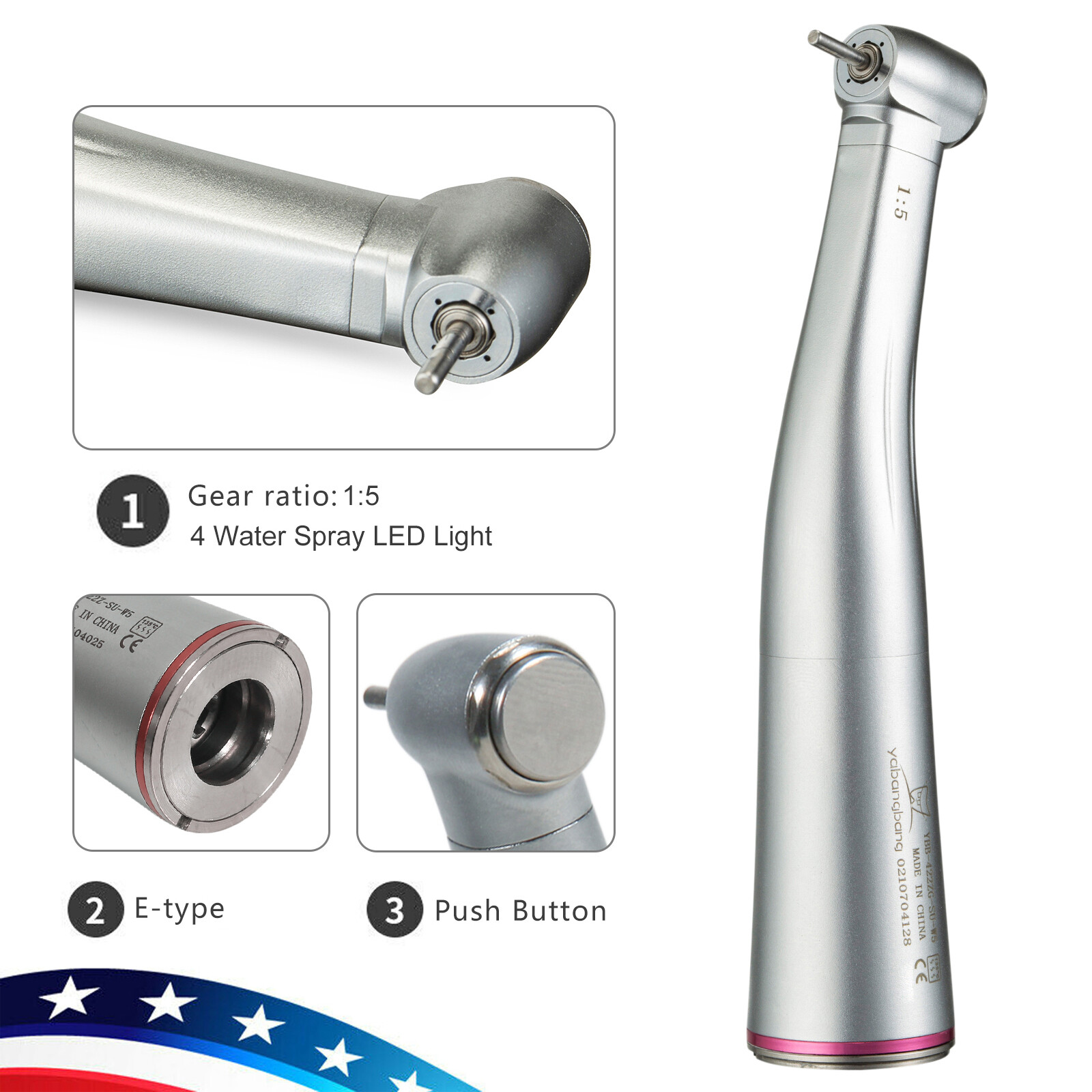 SANDENT 1:1 /1:5 / 20:1 LED Fiber Optic Contra Angle Handpiece Fit E-type Motor