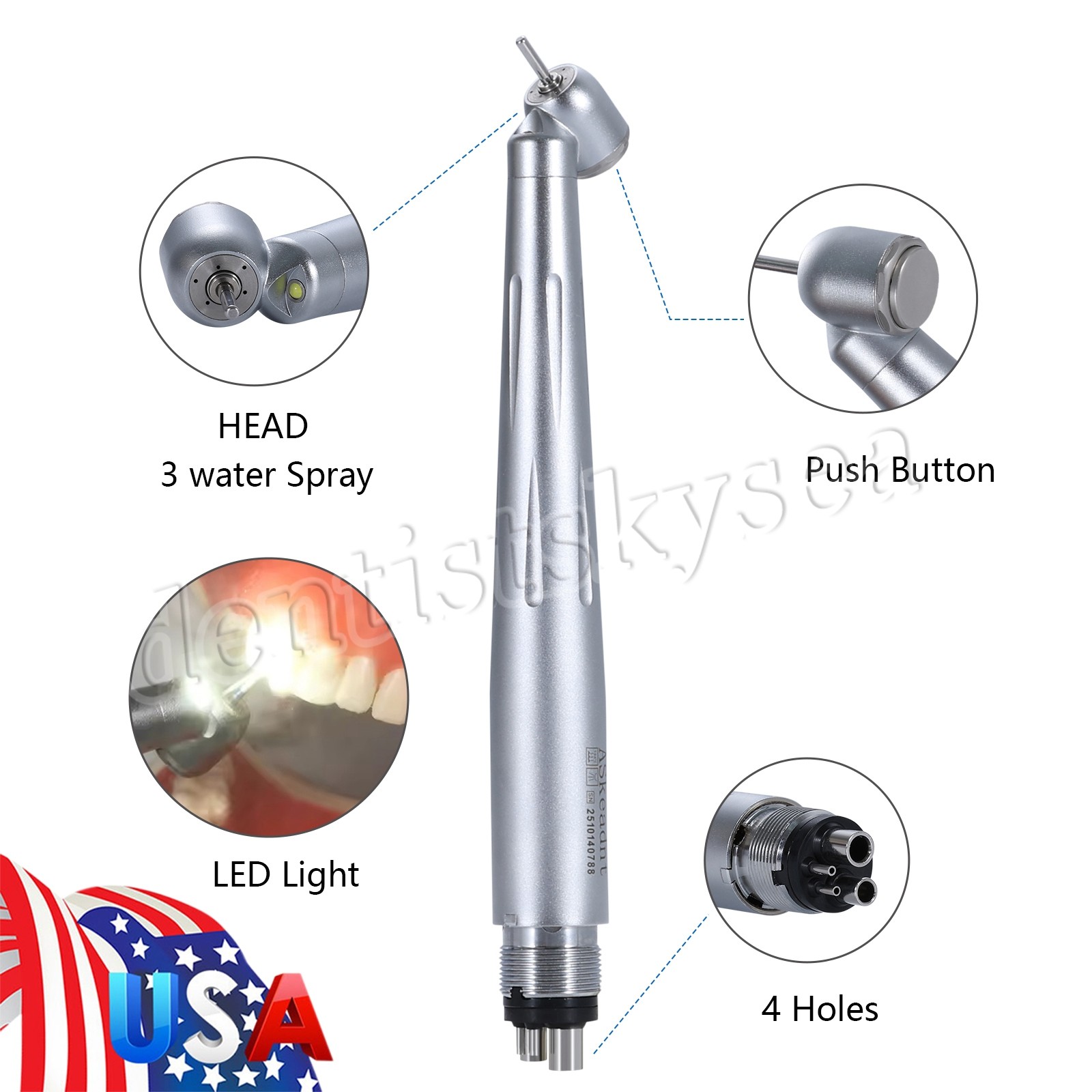 Pieza de mano quirúrgica dental de fibra con LED y generador E de 45 grados 4H
