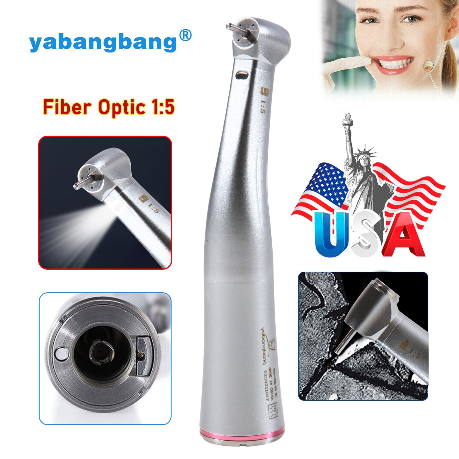 NSK Ti-MAX X95L Style Dental 1:5 LED Fiber Optic Contra Angle Handpiece Red Ring